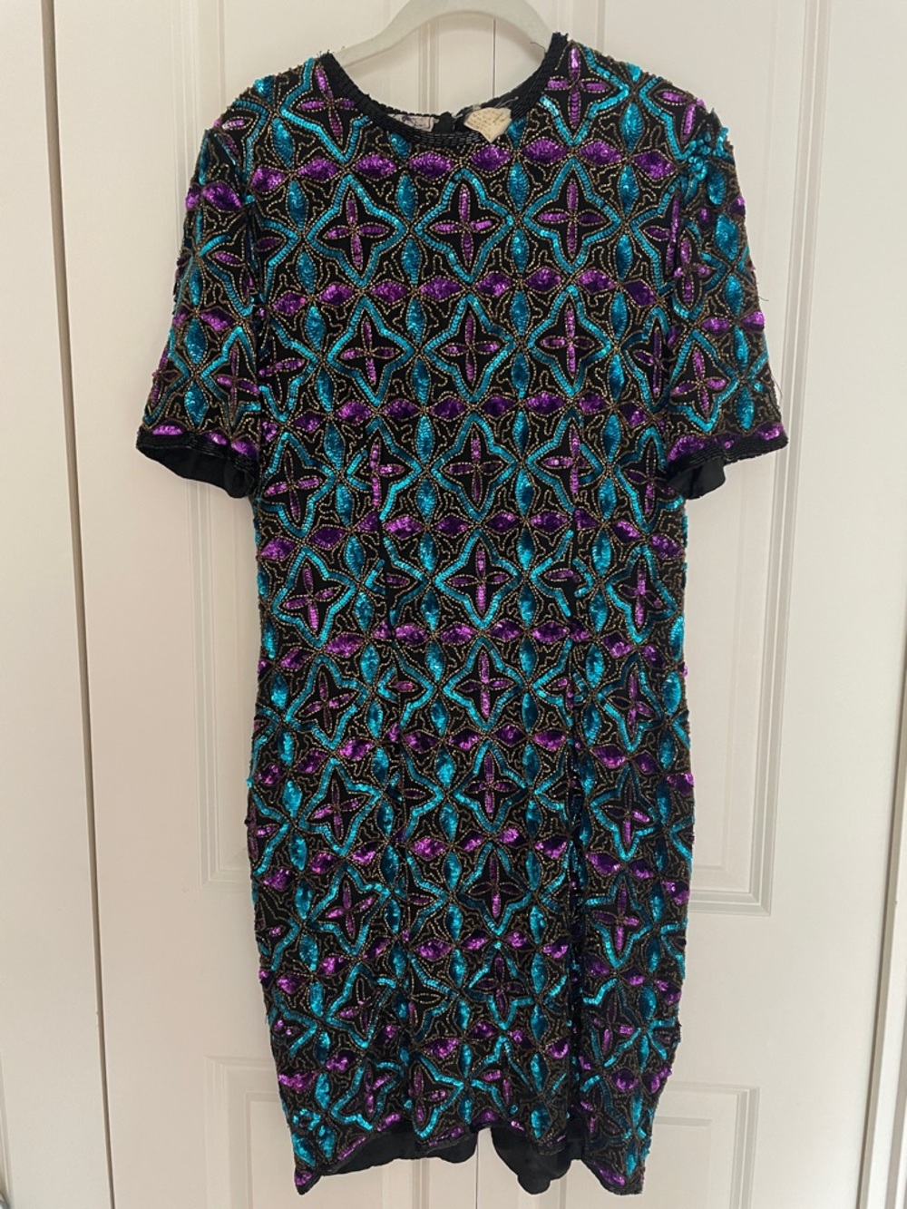 Sequin Beaded Vintage Short Sleeve Cocktail Dress in Teal and Purple